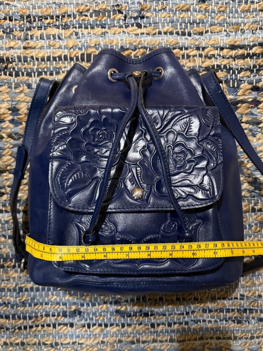 Patricia Nash Sabina Drawstring Bucket Bag Tooled Leather Patriotic Blue America - Picture 7 of 13